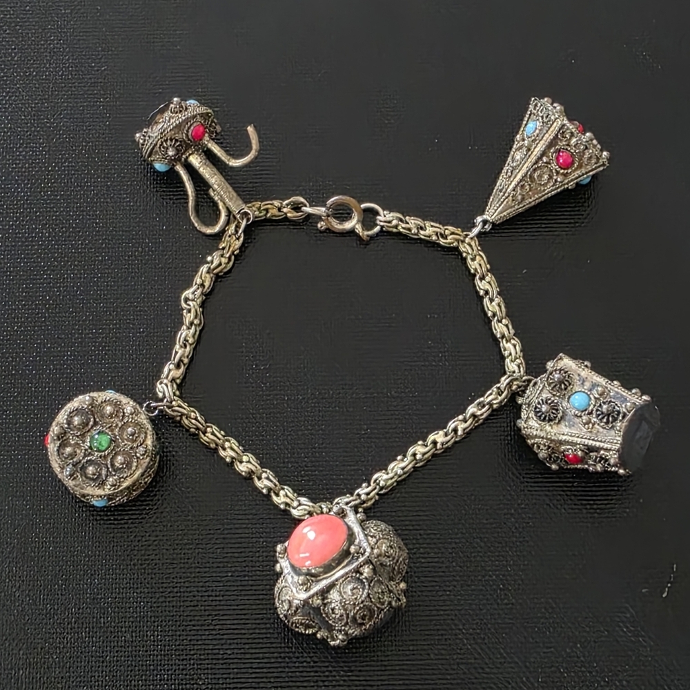 VTG Signed B.K 900 Silver Islamic Arabic Allah 5 Charm Chunky Fob Bracelet